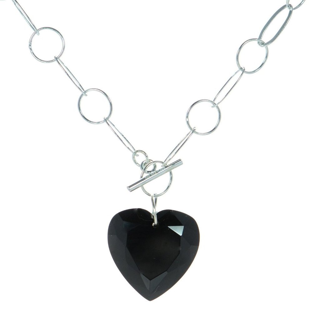Joseph Esposito Solid 925 Sterling Silver Black Onyx Heart 18" Toggle Necklace